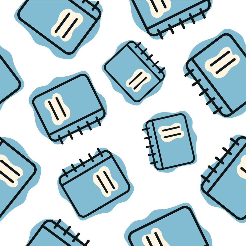 Seamless pattern with a school blue notebook icon, combining line art style and abstract color spots arranged randomly, for school print, textile or other various designs vector