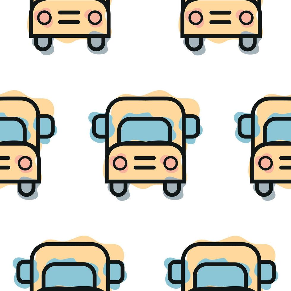 Pattern with a yellow school bus icon, combining line art style and abstract color spots, for school print, textile or other various designs vector