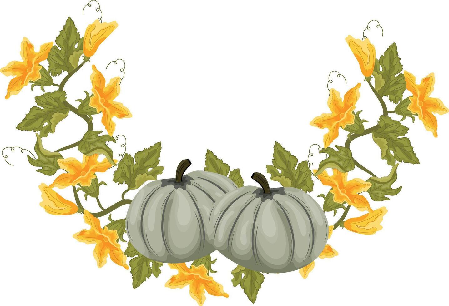 round decorative autumn frame in the shape of a wreath with green leaves, yellow pumpkin flowers and two round green pumpkins, for decorating autumn cards, food designs or other designs vector
