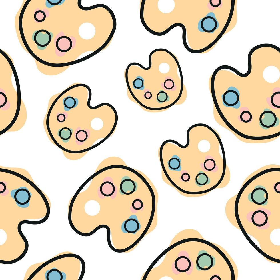 Seamless pattern with a school palette icon with paints, combining line art style and abstract color spots arranged randomly, for school print, textile or other various designs vector