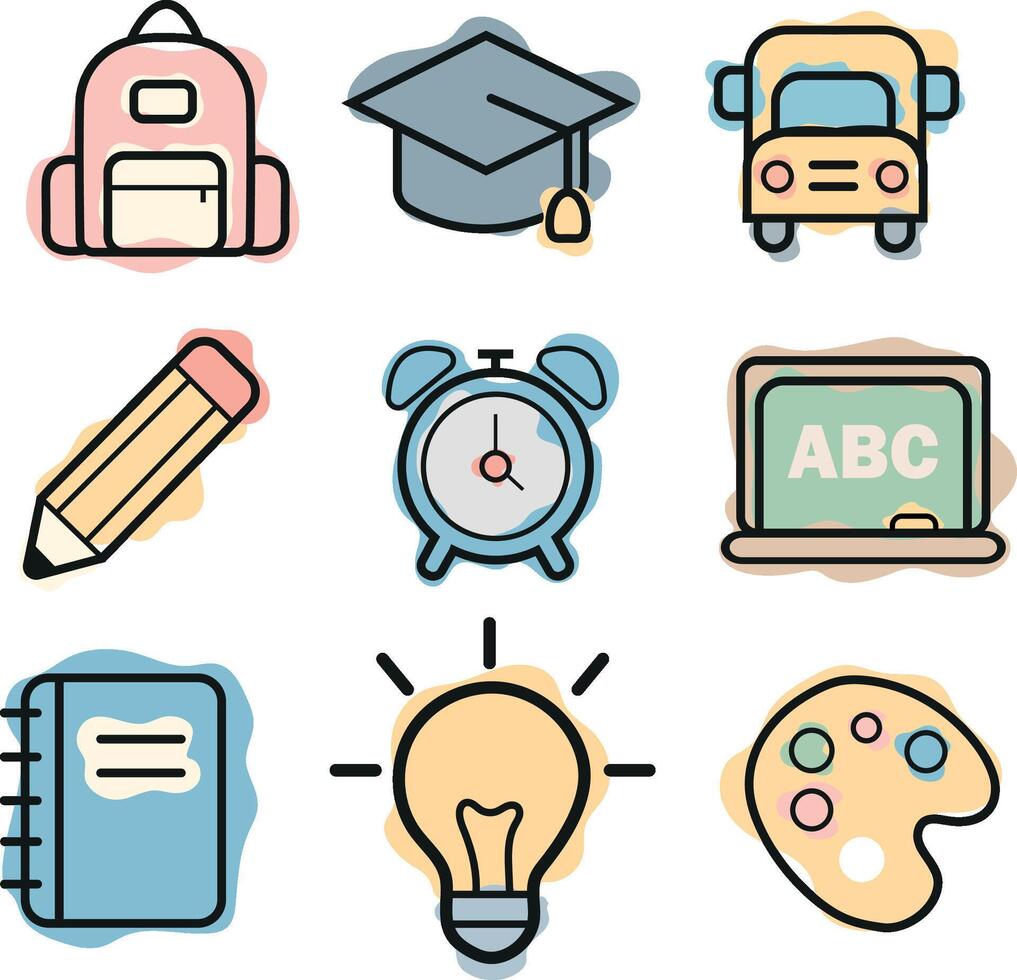 set of various school-themed icons and symbols combining line art style and abstract color spots, for school print, textiles or other various designs vector