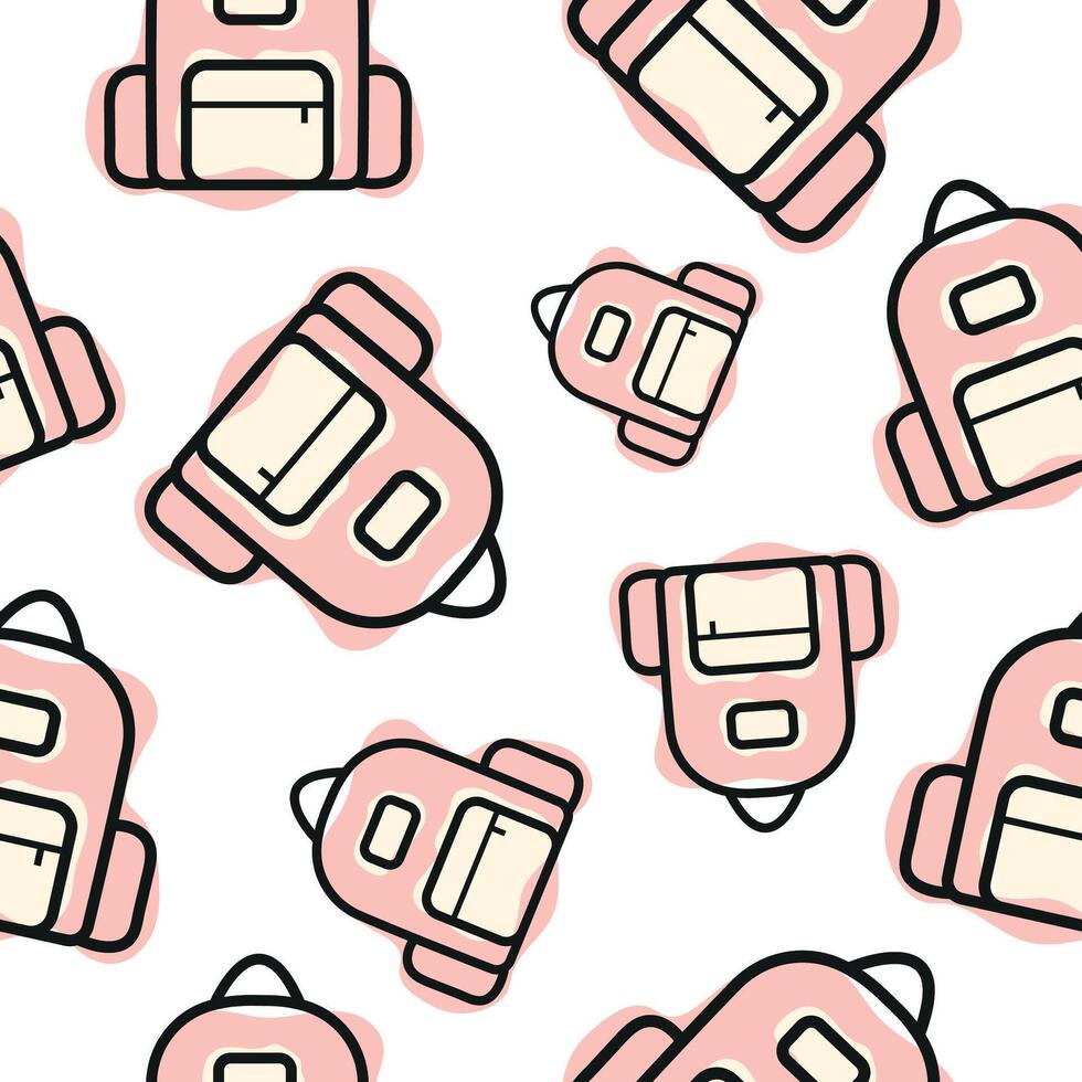 Seamless pattern with pink school backpack icon, combining line art style and abstract color spots arranged randomly, for school print, textile or other various designs vector