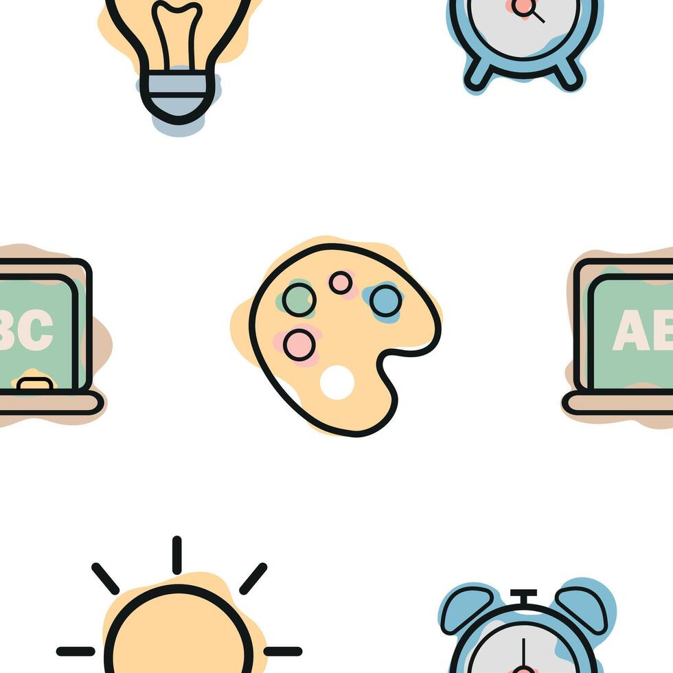 pattern of various icons and symbols on the theme of school and school supplies, combining a line art style and abstract color spots, for school print, textiles or other various designs vector