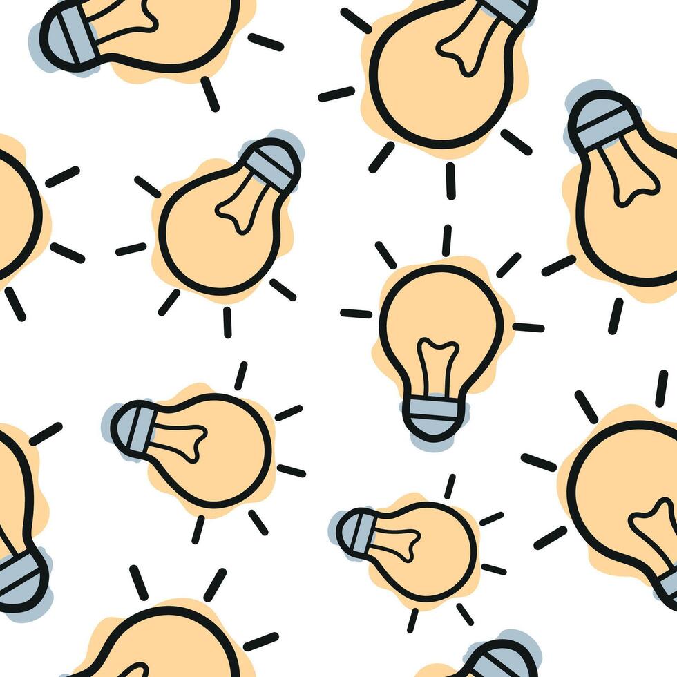 Seamless pattern with light bulb icon, combining line art style and abstract color spots arranged randomly, for school print, textile or other various designs vector