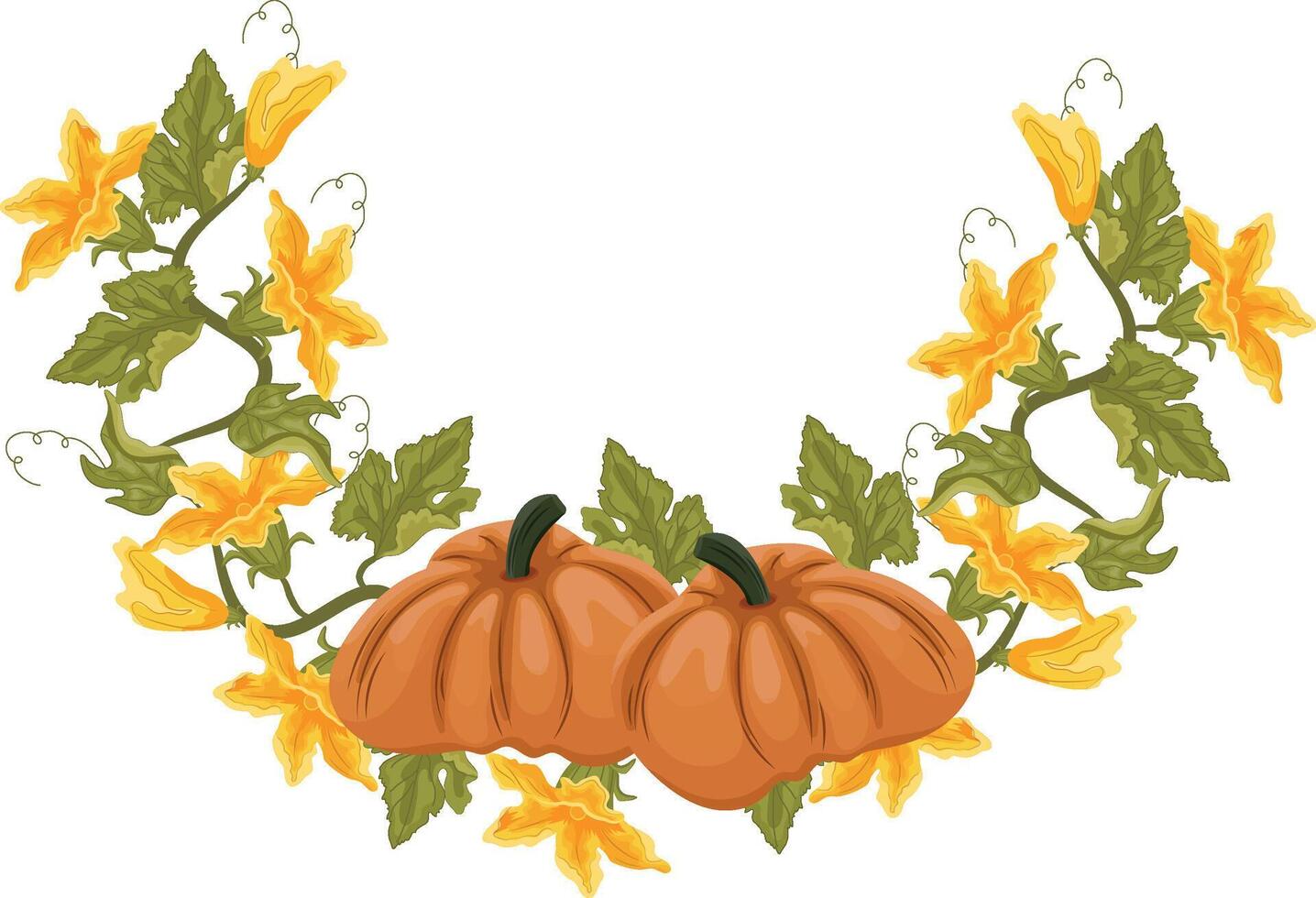 round decorative autumn frame in the shape of a wreath with green leaves, yellow pumpkin flowers and two round orange pumpkins, for decorating autumn cards, food designs or other designs vector