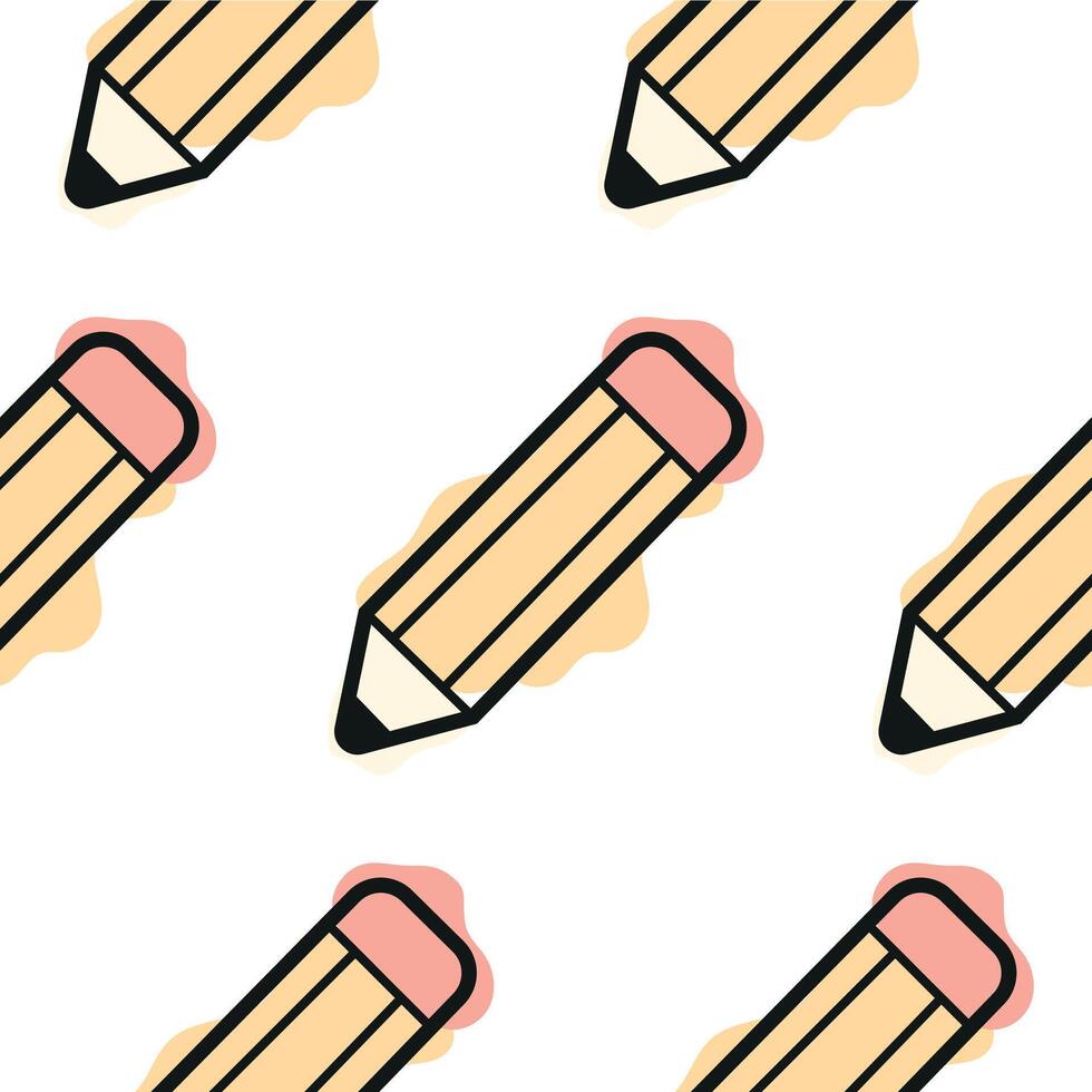 pattern with a stationery icon, namely a yellow pencil, combining line art style and abstract color spots, for school printing, textiles or other various designs vector