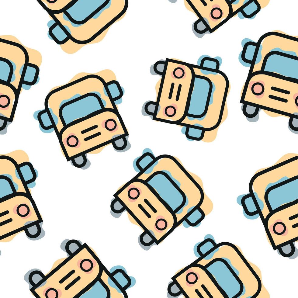 Seamless pattern with a yellow school bus icon, combining line art style and abstract color spots arranged randomly, for school print, textile or other various designs vector