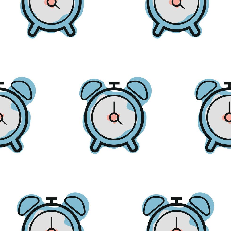 Pattern with a blue school alarm clock icon, combining line art style and abstract color spots, for school print, textile or other various designs vector