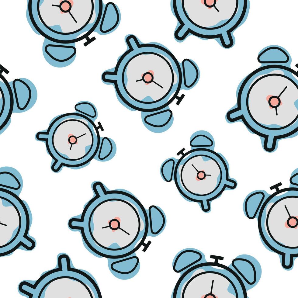 Seamless pattern with a blue school alarm clock icon, combining a line art style and abstract color spots arranged randomly, for school print, textiles or other various designs vector