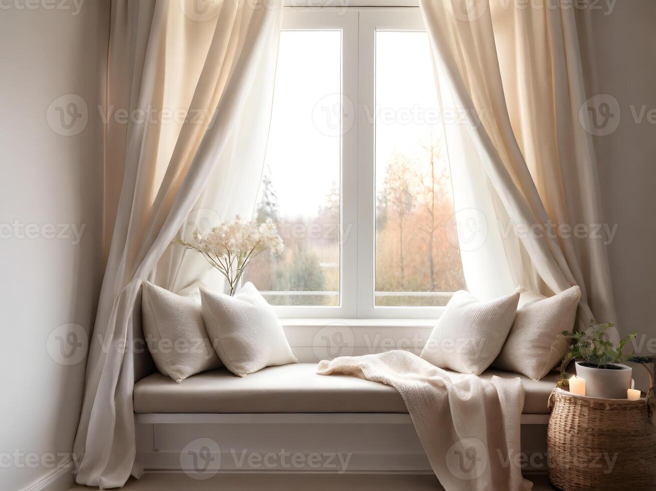 Cozy window seat with soft pillows, blanket, and view of autumn trees photo