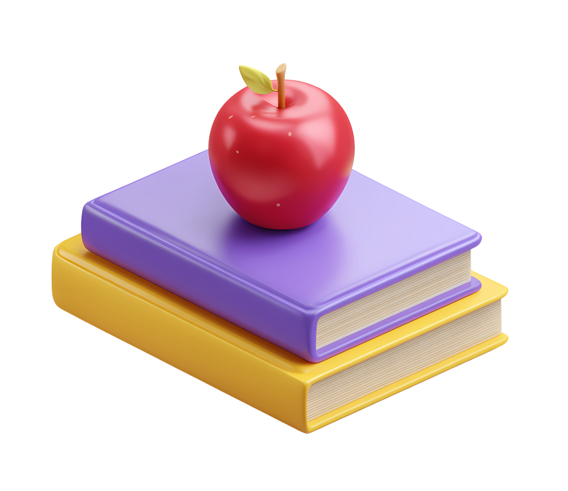 Red Apple on Stack of Books 3D Render on transparent background png
