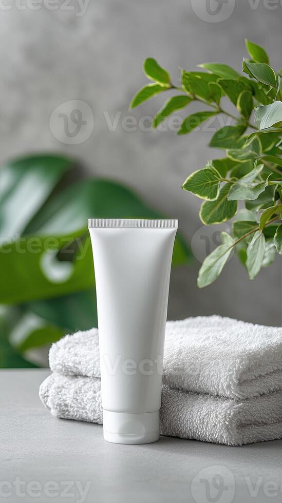 Blank cosmetic tube on bathroom counter evokes refreshing and clean atmosphere, surrounded by greenery and soft towels in scene photo