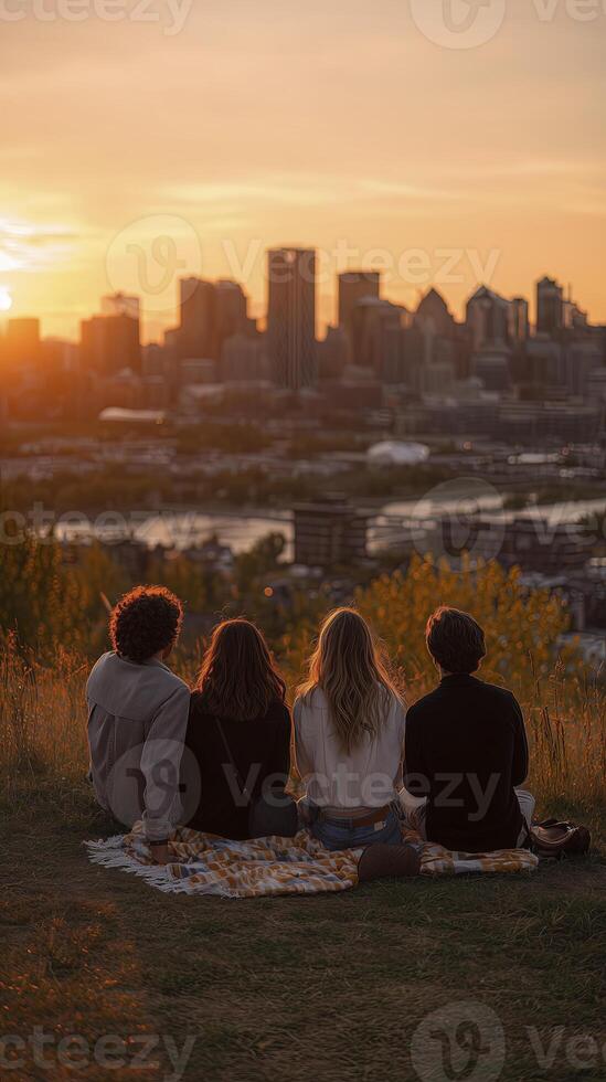 Four friends enjoying tranquil sunset view over city skyline from grassy hill. They share happy moment together, silhouette against warm golden light, experiencing peaceful connection and freedom photo