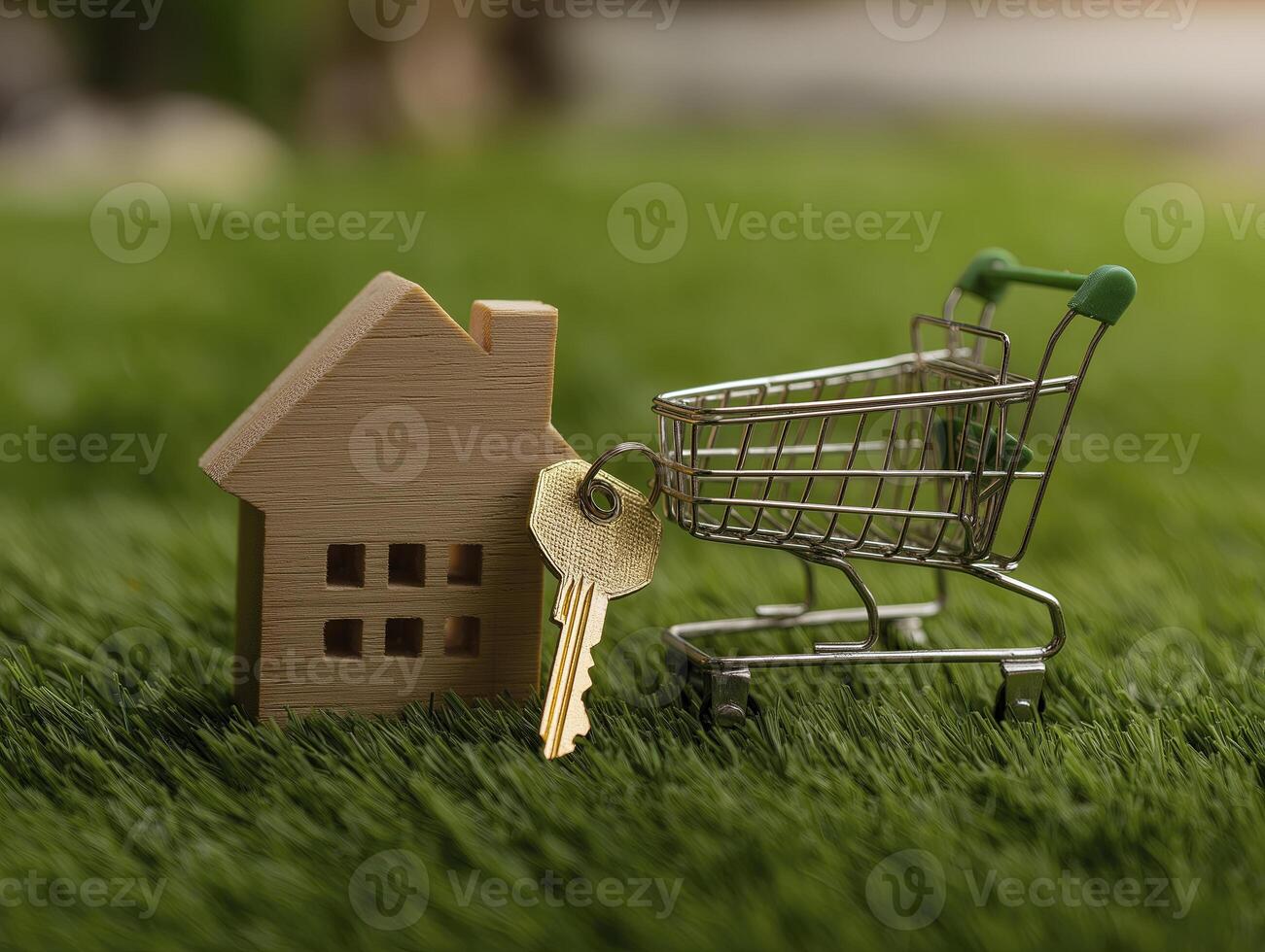 Small wooden house model with key attached to it and miniature shopping cart placed on green grass, symbolizing real estate, home ownership, or property shopping, with blurred outdoor background photo
