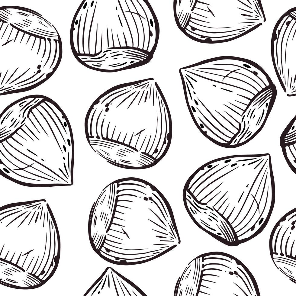 Seamless pattern. Hazelnut, hazelnut, hazelnut, all objects are hand-drawn in . For printing on fabric, kitchen textiles, food packaging, department design in a store. vector