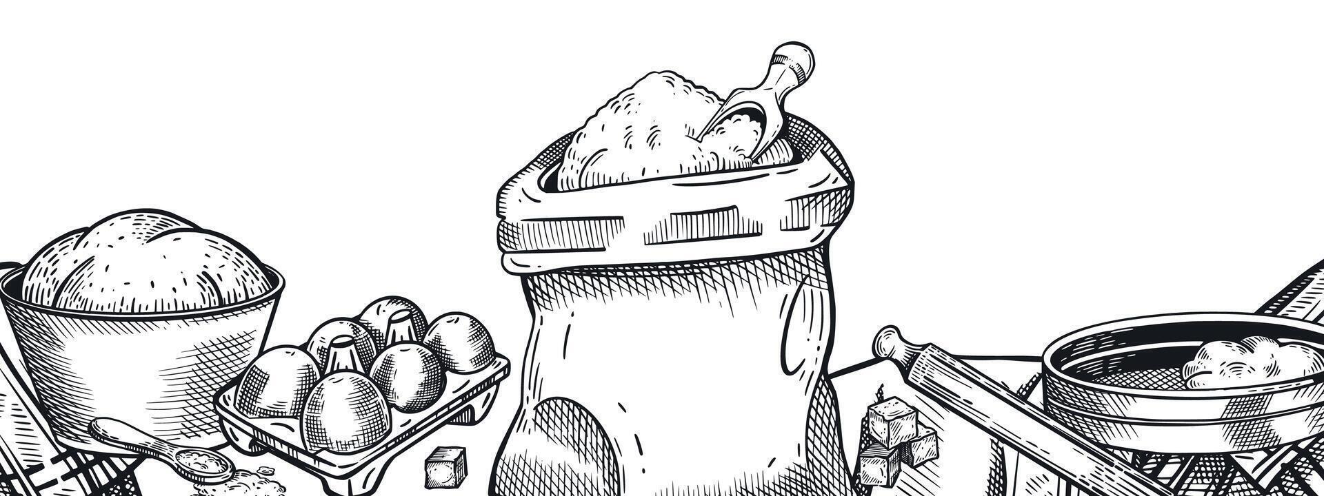 A rectangular composition on a culinary theme, a bag of flour, a bowl of dough, a rolling pin, eggs, a sieve for flour, a tablecloth. For store design, cooking, printing on fabric and paper. vector