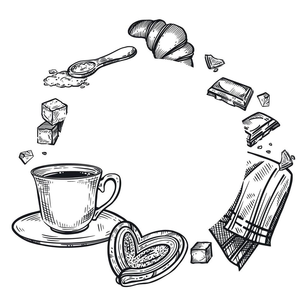 A round frame on the theme of a coffee shop, a cup of coffee, a sweet bun, croissants, a tablecloth, sugar cubes, chocolate slices. illustration. Suitable for printing on food packaging, design vector