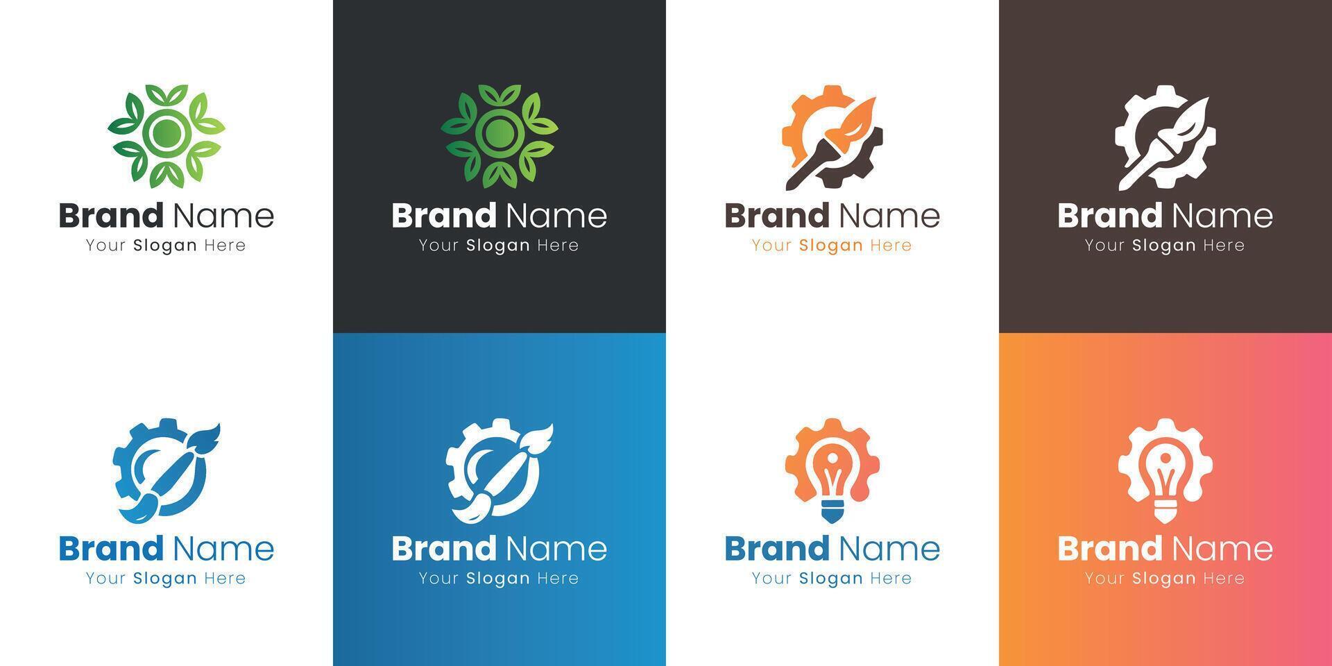 Eight Innovative Logo Designs Showcasing Nature Technology and Illumination Ideas vector