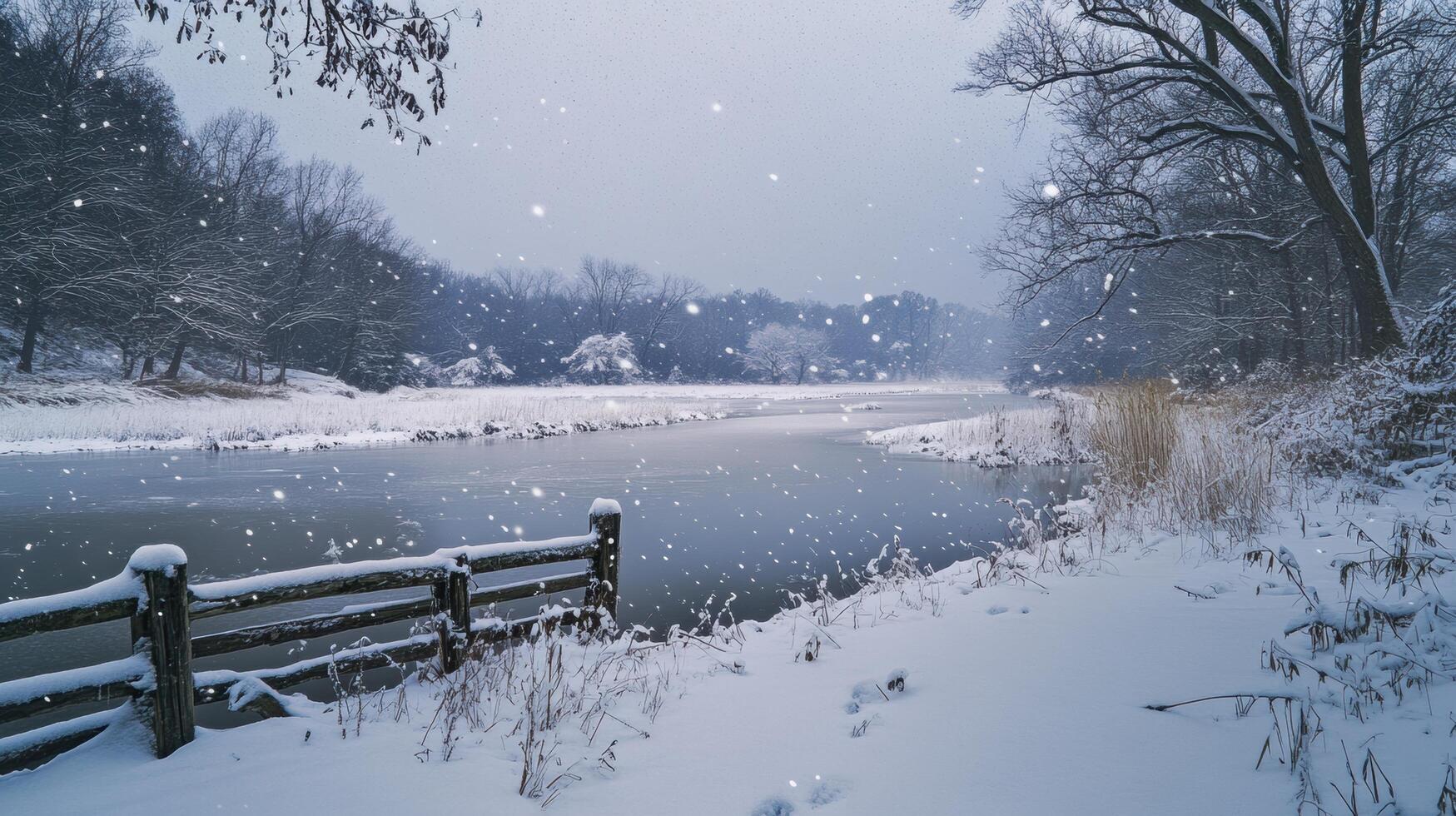 snowy winter landscape with frozen river and wooden fence photo