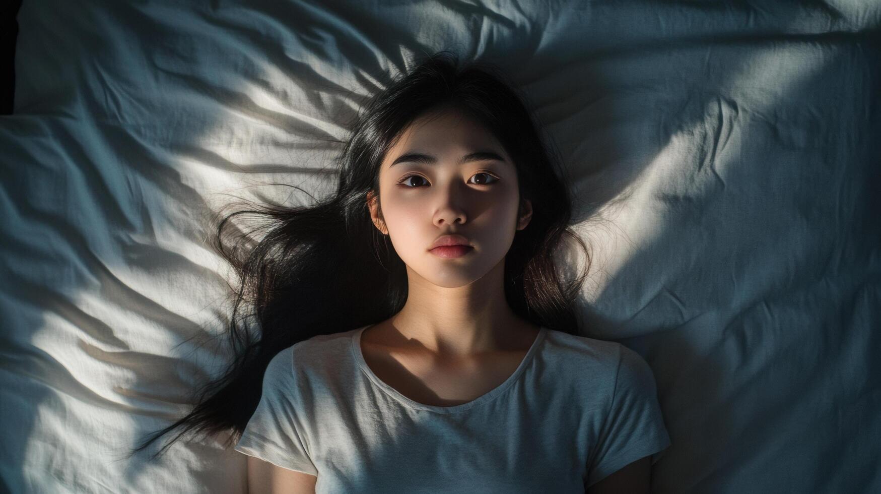 young woman lying in bed serene and peaceful photo