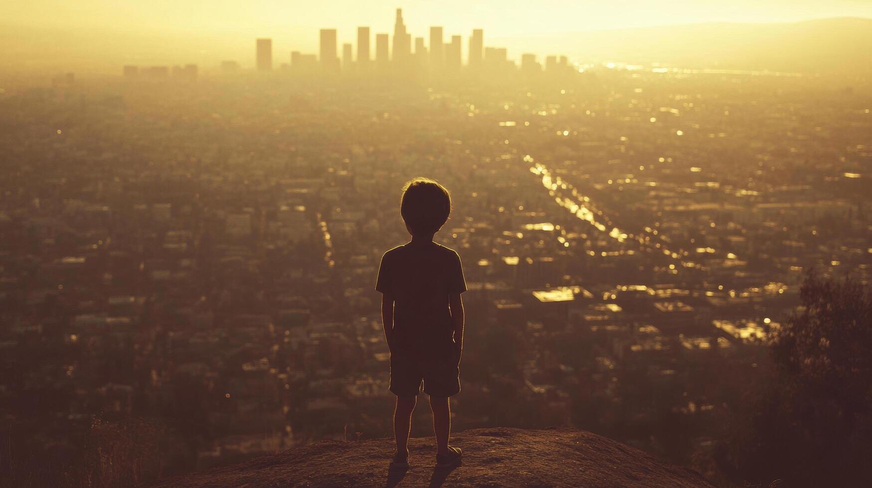 boy silhouetted against los angeles skyline at sunset photo