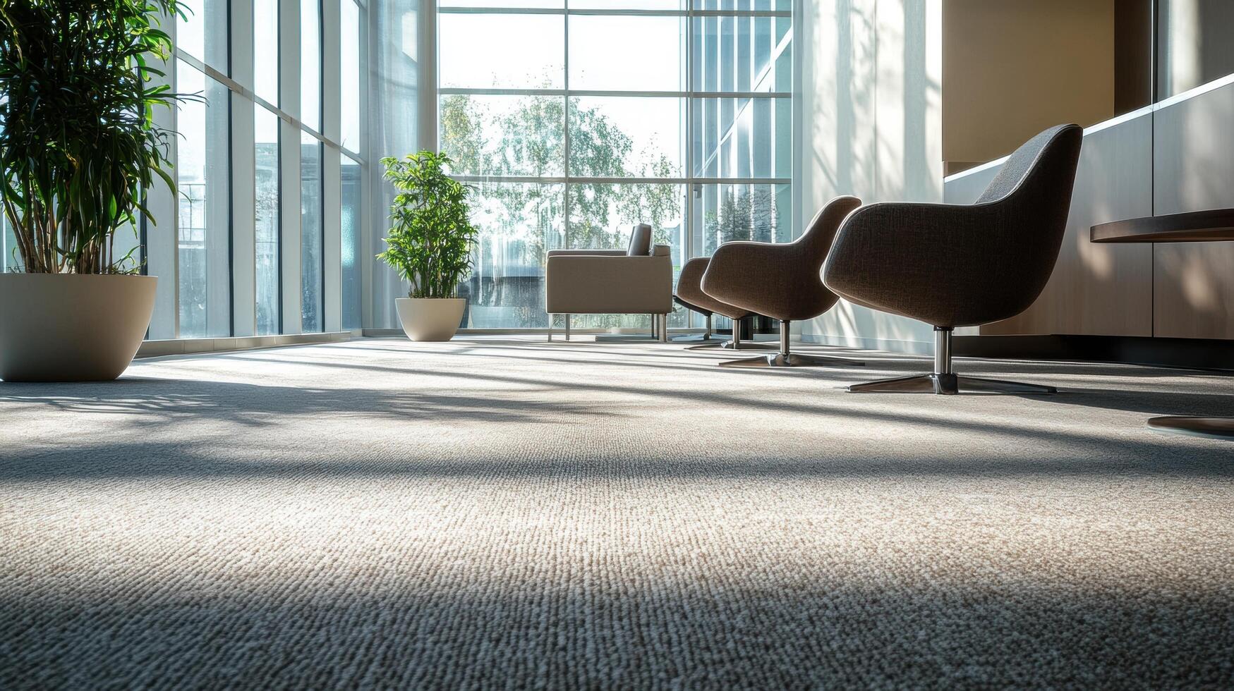 modern office lobby with comfortable seating and natural light photo