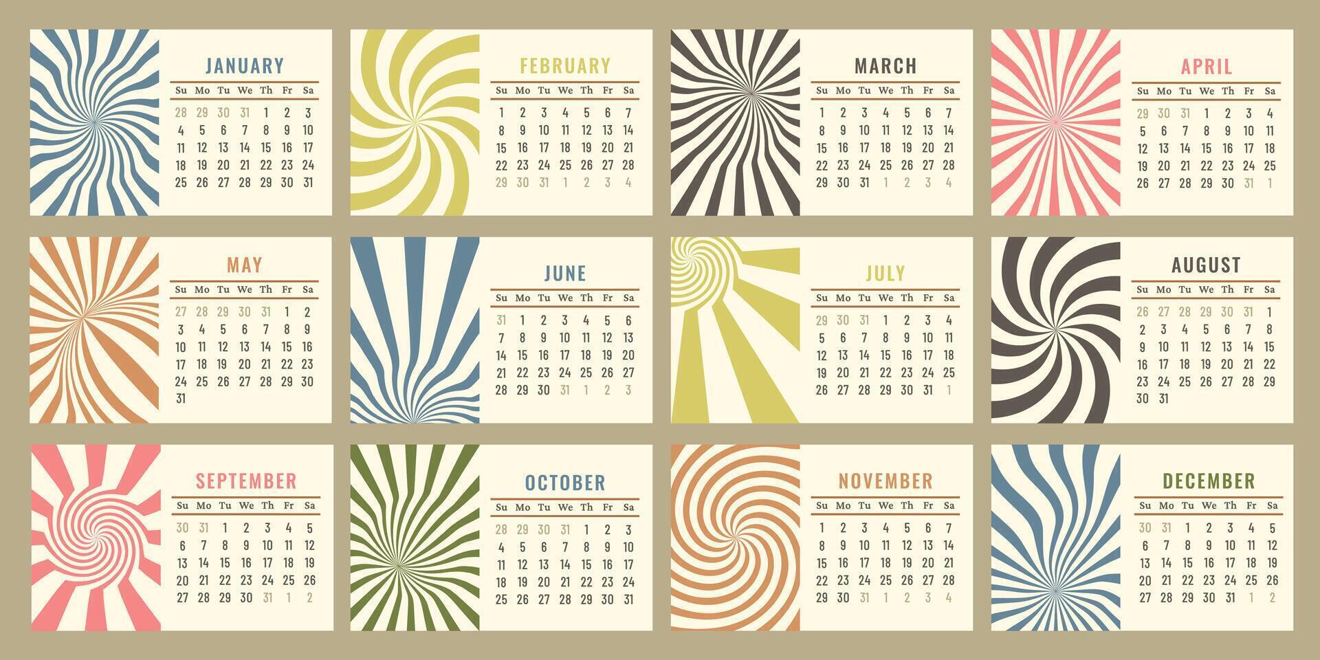 Horizontal Calendar 2026 in retro style by 60s, 80s, 70s. Groovy spiral rays, distorted pattern. Printable monthly planner for wall or desk. Sunday start. Vintage template. vector