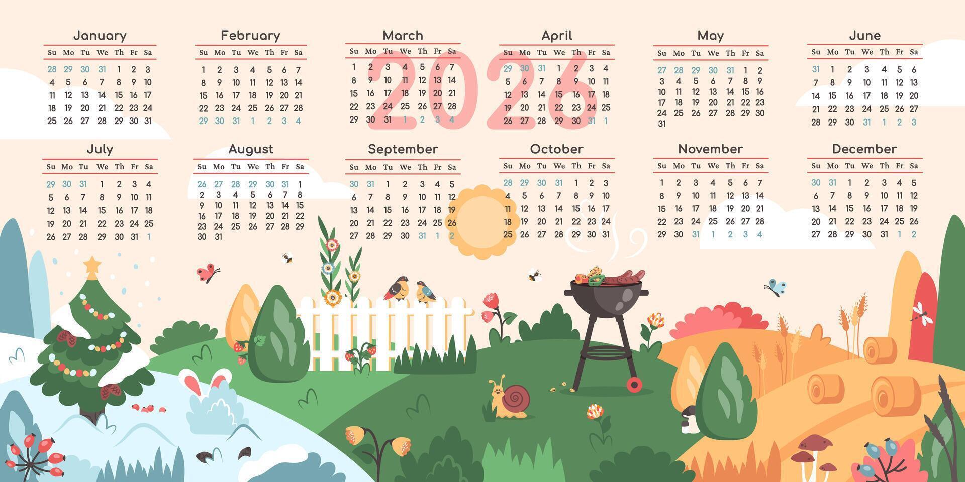 2026 seasonal calendar illustration vector