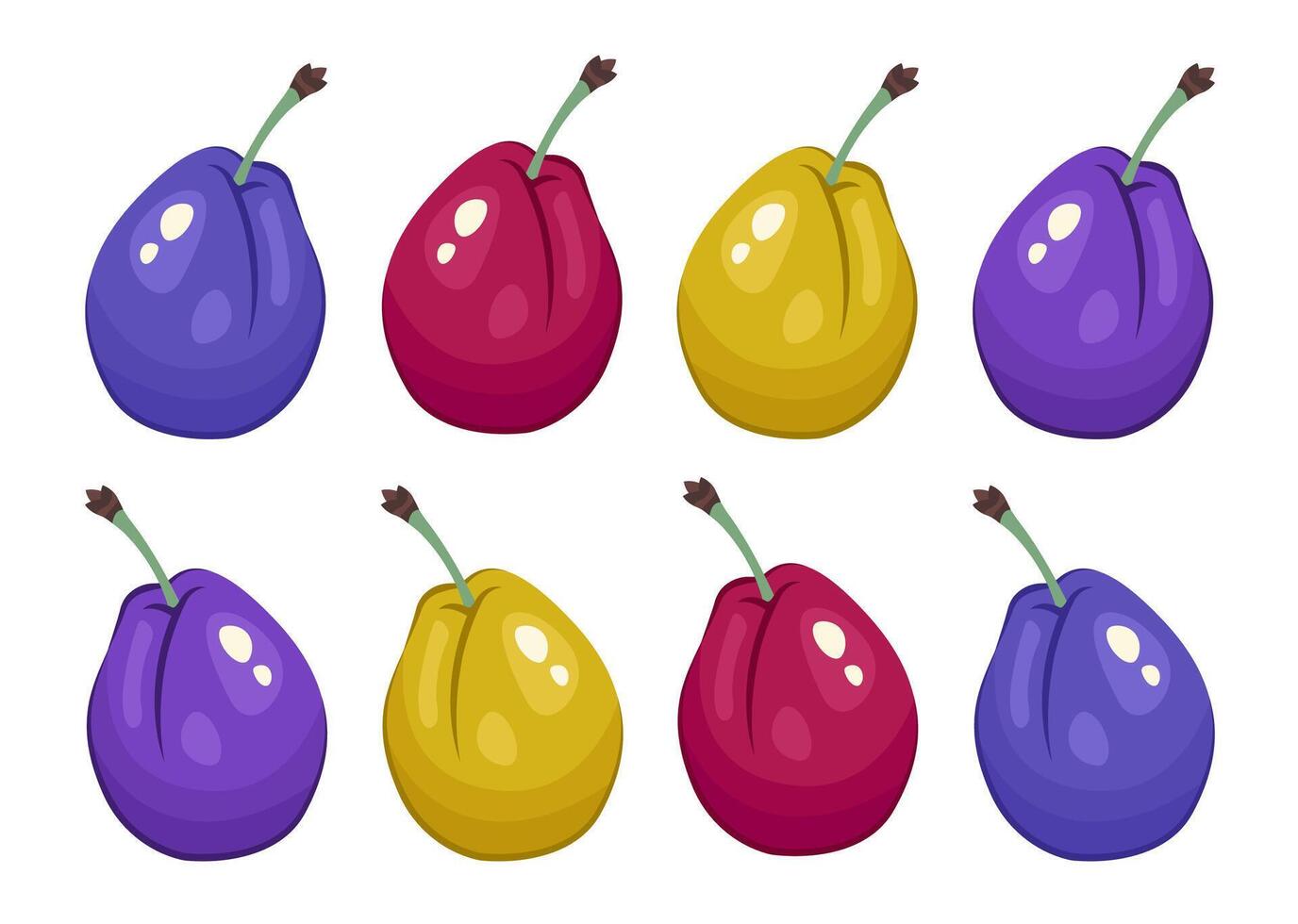 Set of plum isolated. Red, yellow, blue and purple plums close up. Colorful Fresh tasty eco product. Fruits icon. Sweet healthy vitamin. illustration for packaging, print, organic food, clipart vector