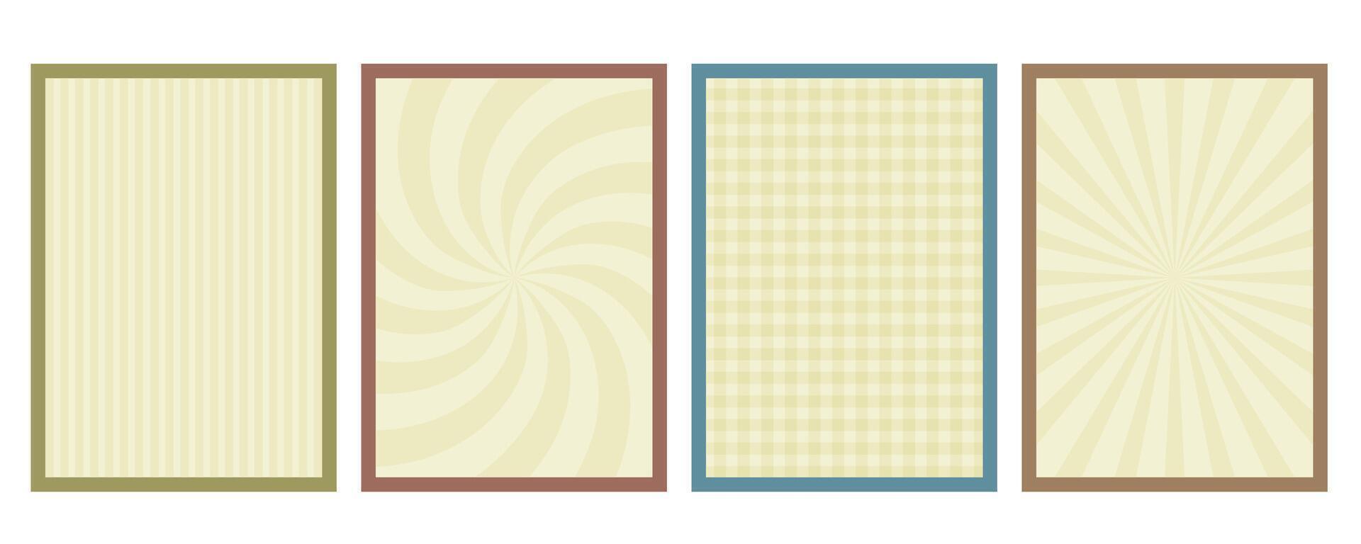 Groovy posters set. Retro backgrounds with twisted lines. Psychedelic art. Vintage design with circle elements, checker, distorted wavy lines. Abstract texture. flat illustration vector