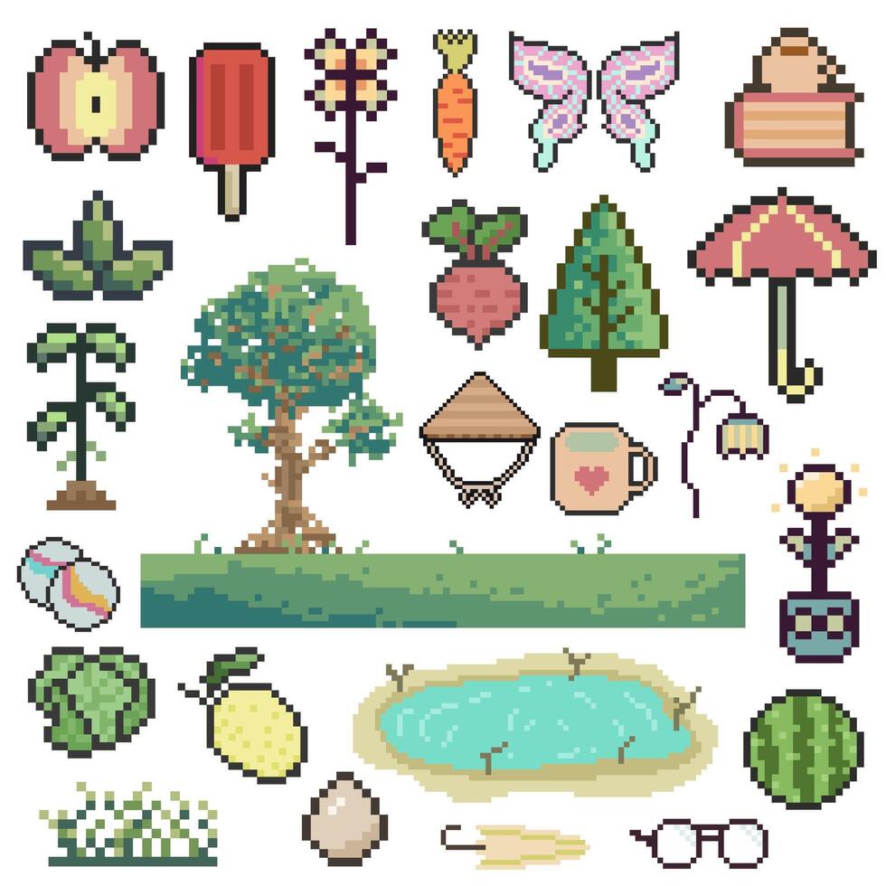 colorful pixel art nature elements vector