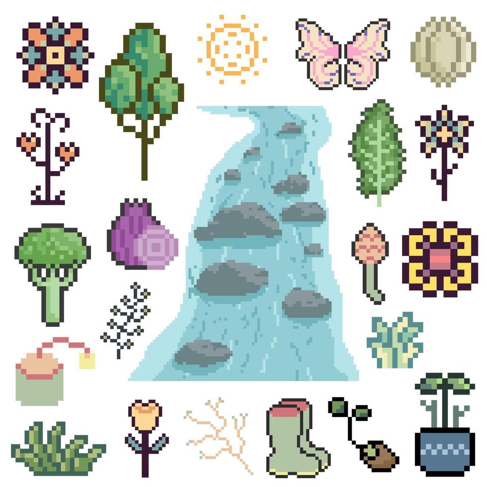 Pixel art nature elements and river vector