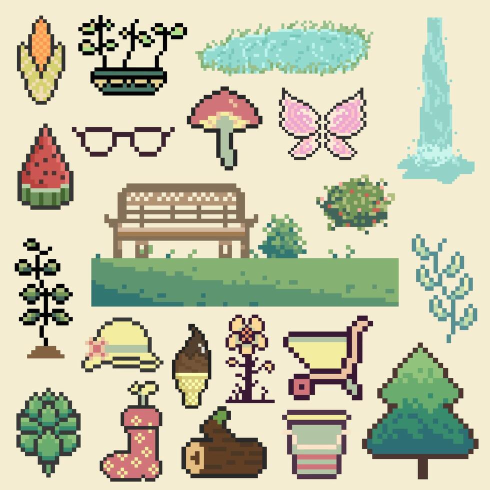 Colorful pixel art garden elements vector