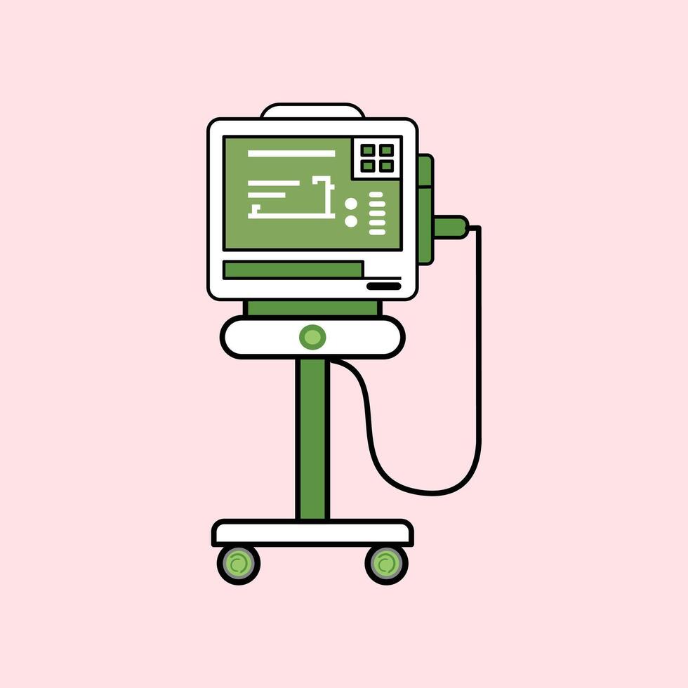 Illustration of a green and white ventilator medical device with a monitor screen and wheels, used in hospitals to help patients breathe, suitable for health-themed designs. vector