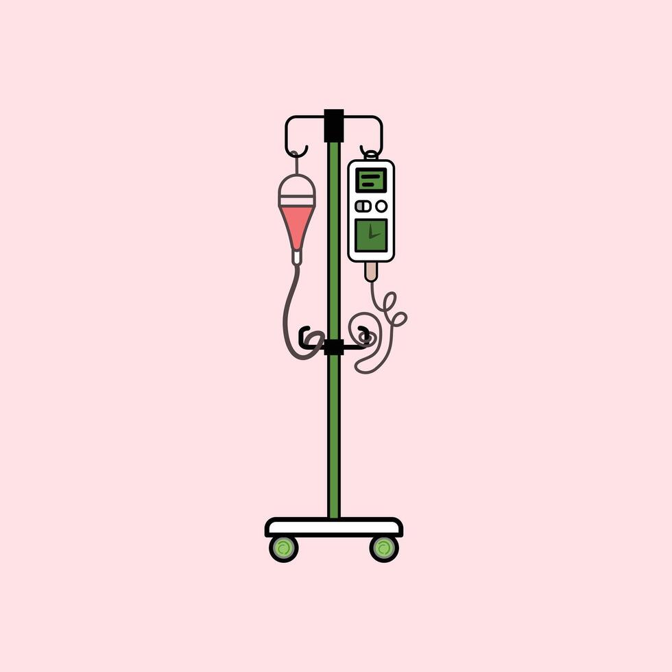 Illustration of a medical infusion device with a red fluid bottle and a digital monitor on a wheeled pole, used in hospitals for the controlled administration of fluids to patients. vector