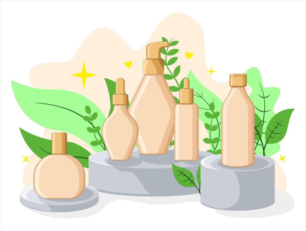 Natural Skincare Product Display with Botanical Elements. Illustration of Eco-Friendly Beauty Packaging vector