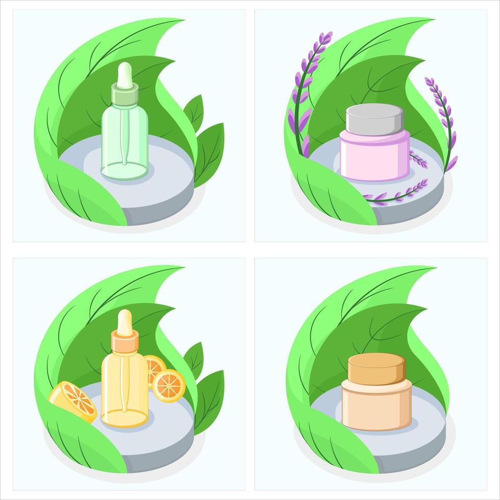 Minimal Skincare Composition Featuring Cosmetic Bottles on Pedestal with Botanical and Fruity Touches vector