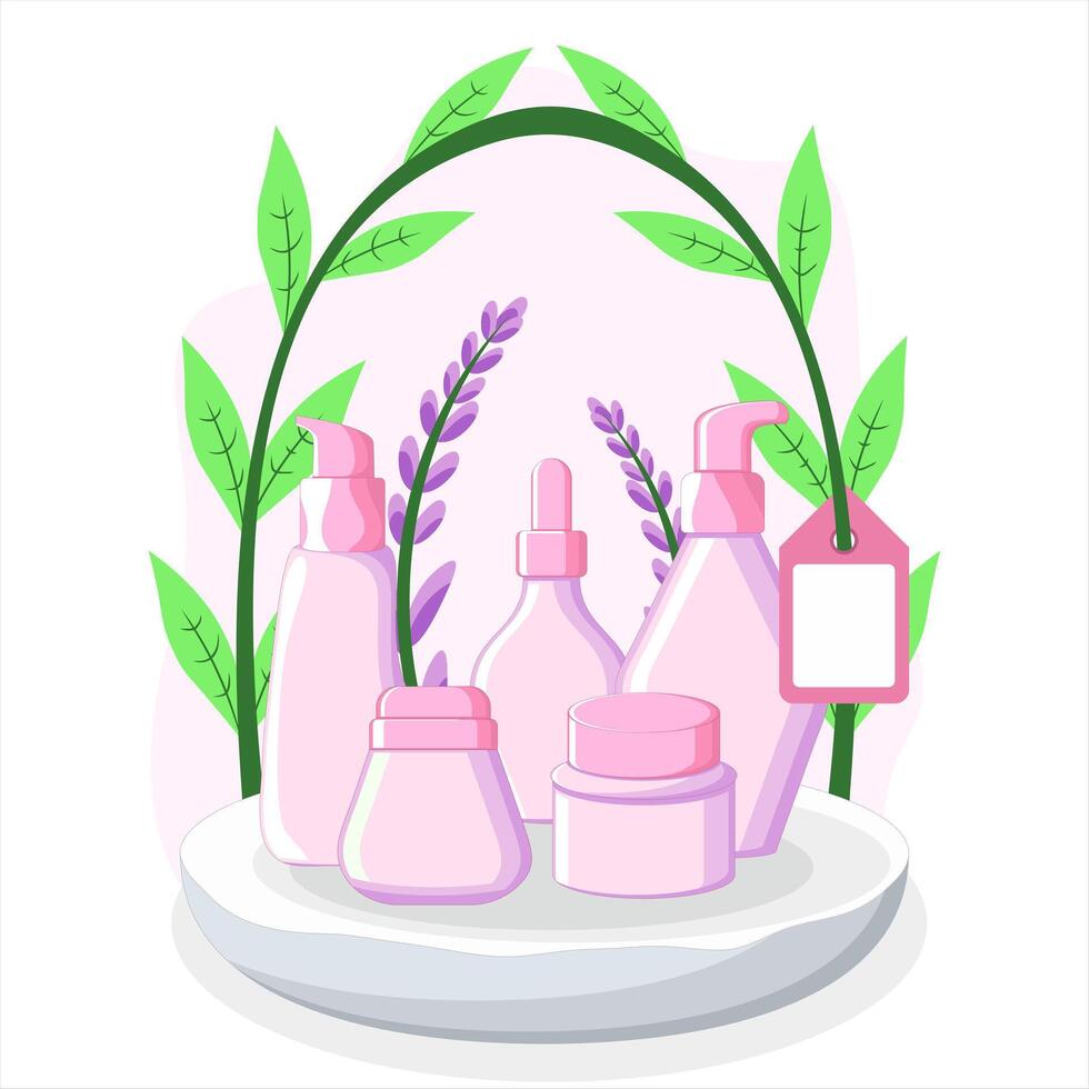 Natural Skincare Products Displayed on Pedestal with Botanical Elements and Soft Color Accents vector
