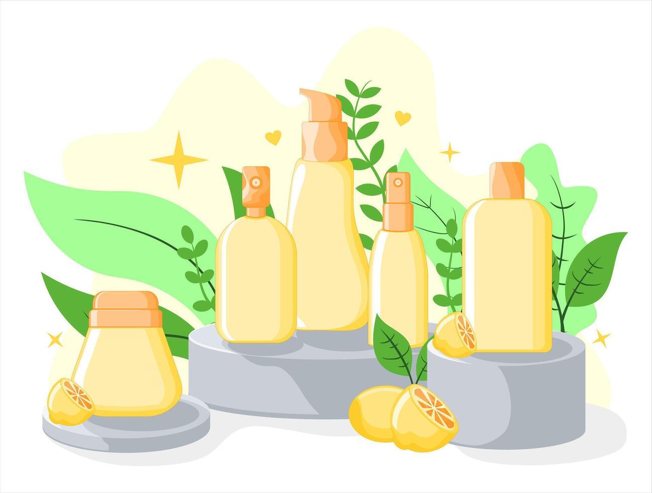 Herbal Cosmetic Product Mockup. Illustration of Natural Skincare Display with Leaves and Pedestal vector