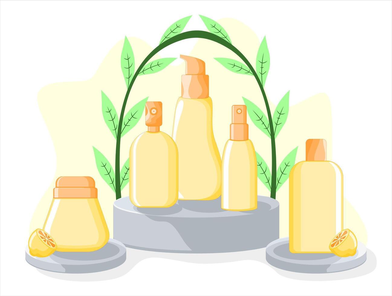 Eco Beauty Product Design. Natural Skincare Packaging on Minimal Display Stand with Plant Elements vector