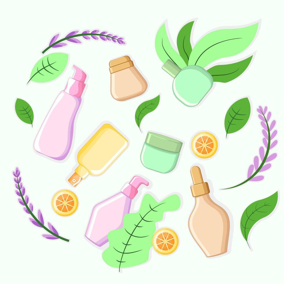 Natural Skincare Packaging Illustration with Clean Cosmetic Display and Botanical Elements vector