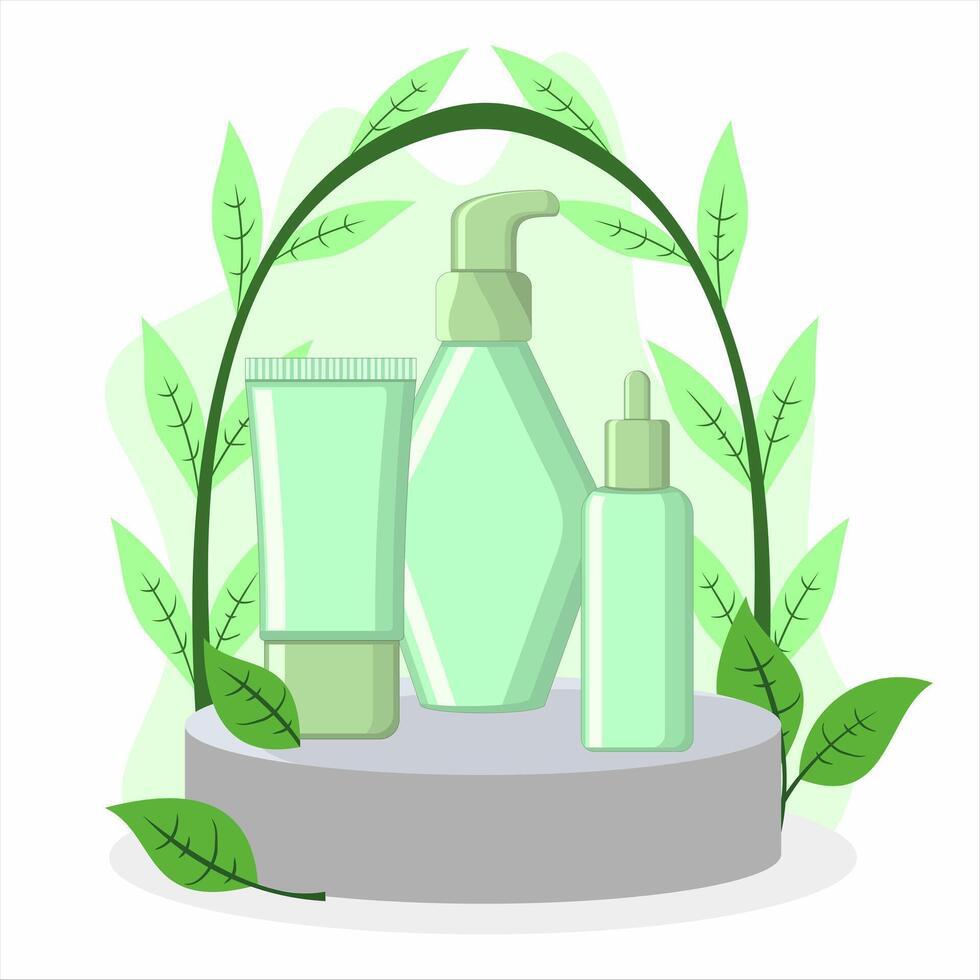 Botanical Cosmetic Product Illustration. Green Skincare Bottles on Pedestal with Leaf Decoration vector