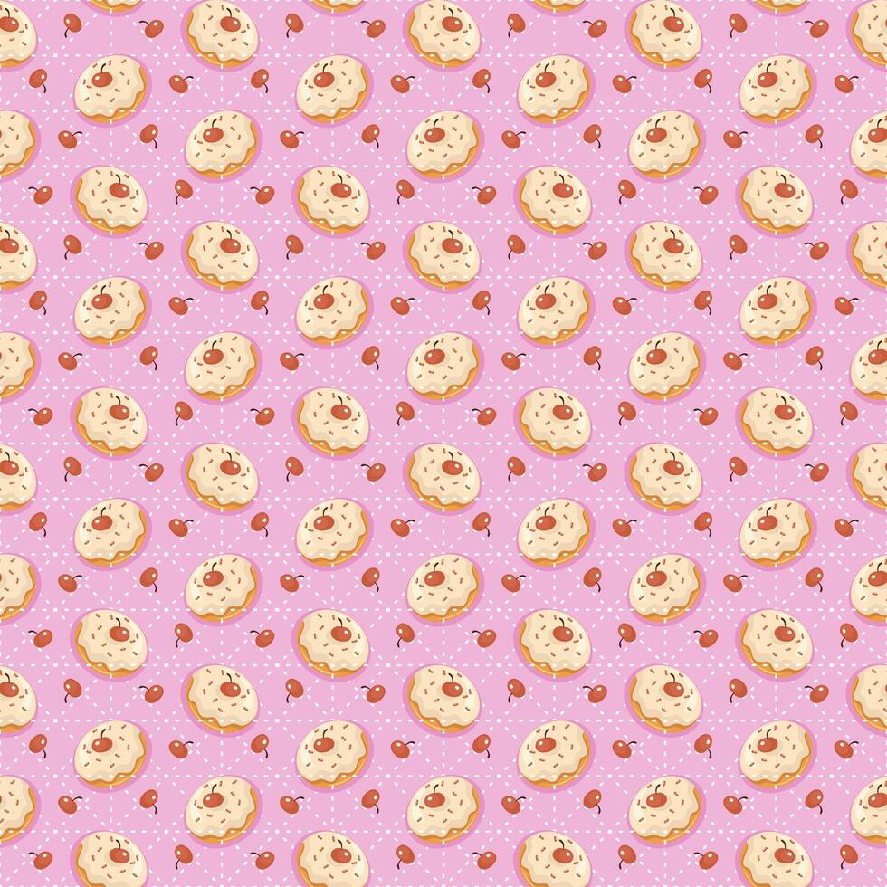 Playful seamless pattern of cream-filled donuts topped with cherries on vibran background pink colorful vector