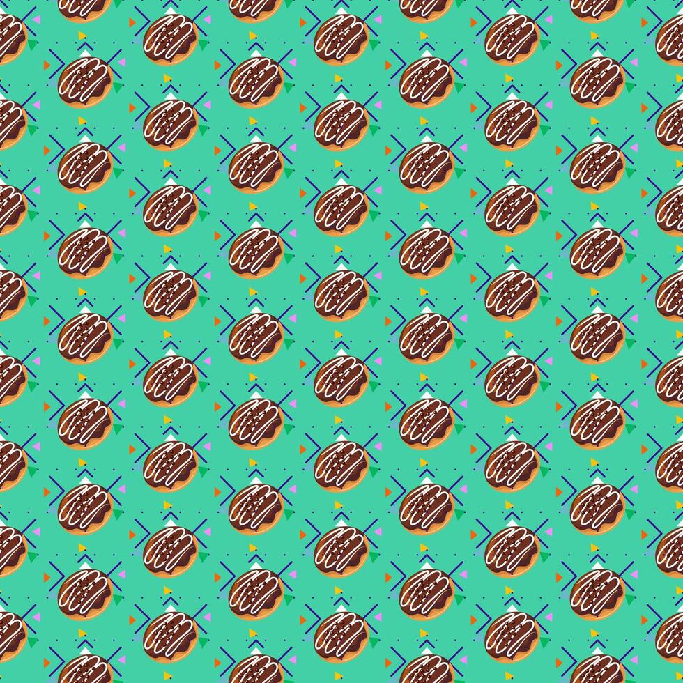 Tasty seamless pattern of cream-filled donuts topped with chocolate on a colorful vibrant background vector