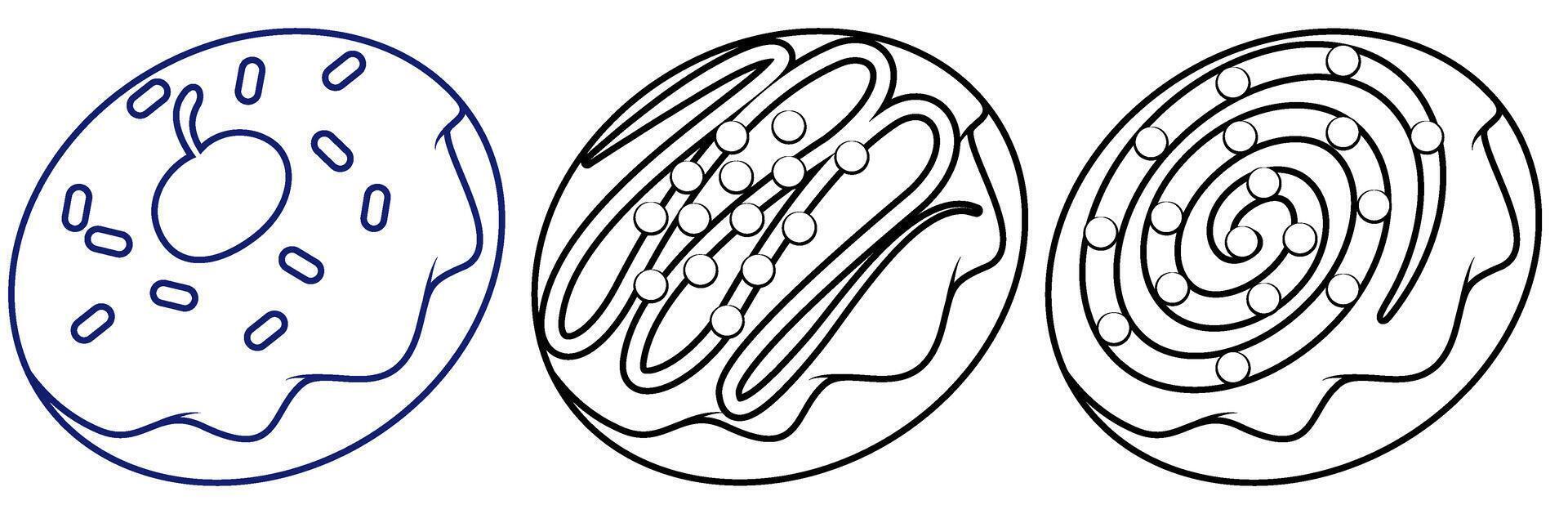 line art illustration with black lines of three donuts vector