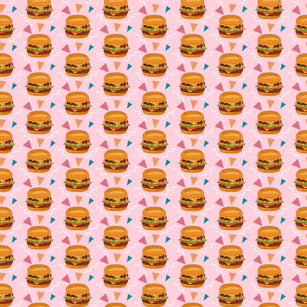 Playful seamless pattern of tasty burgers with lettuce, cheese, and buns on pink vibrant colorful background vector