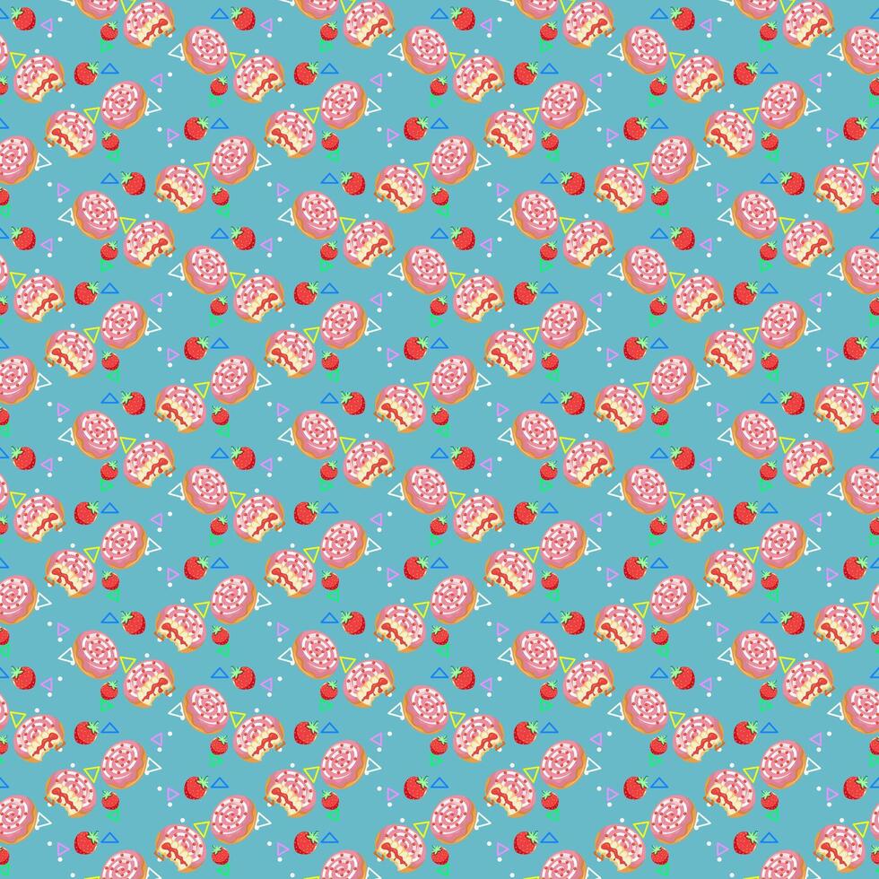 Playful seamless pattern of cream-filled donuts topped with strawberries om blue colorful background vector