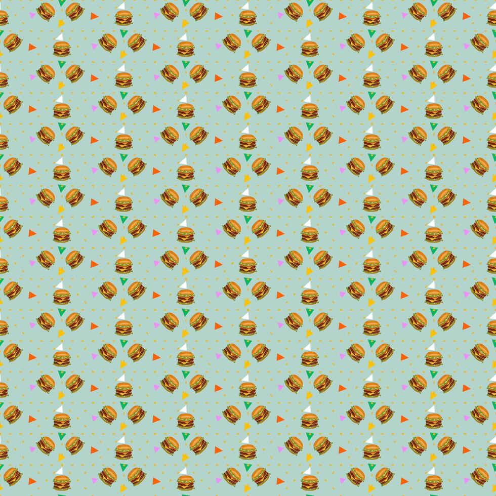 Playful seamless pattern of tasty burgers with lettuce, cheese, and buns on blue vibrant colorful background vector