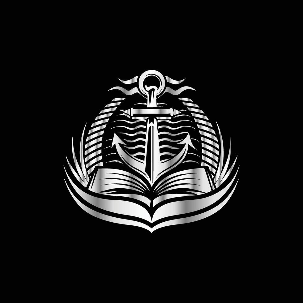 an anchor and book logo on a black background vector