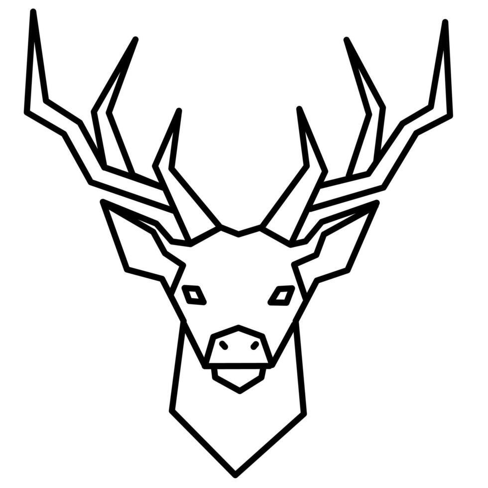 Minimalist line art of a deer head with large antlers in geometric style. Clean black outline on white background, great for logos, icons, tattoos, or nature artwork. vector